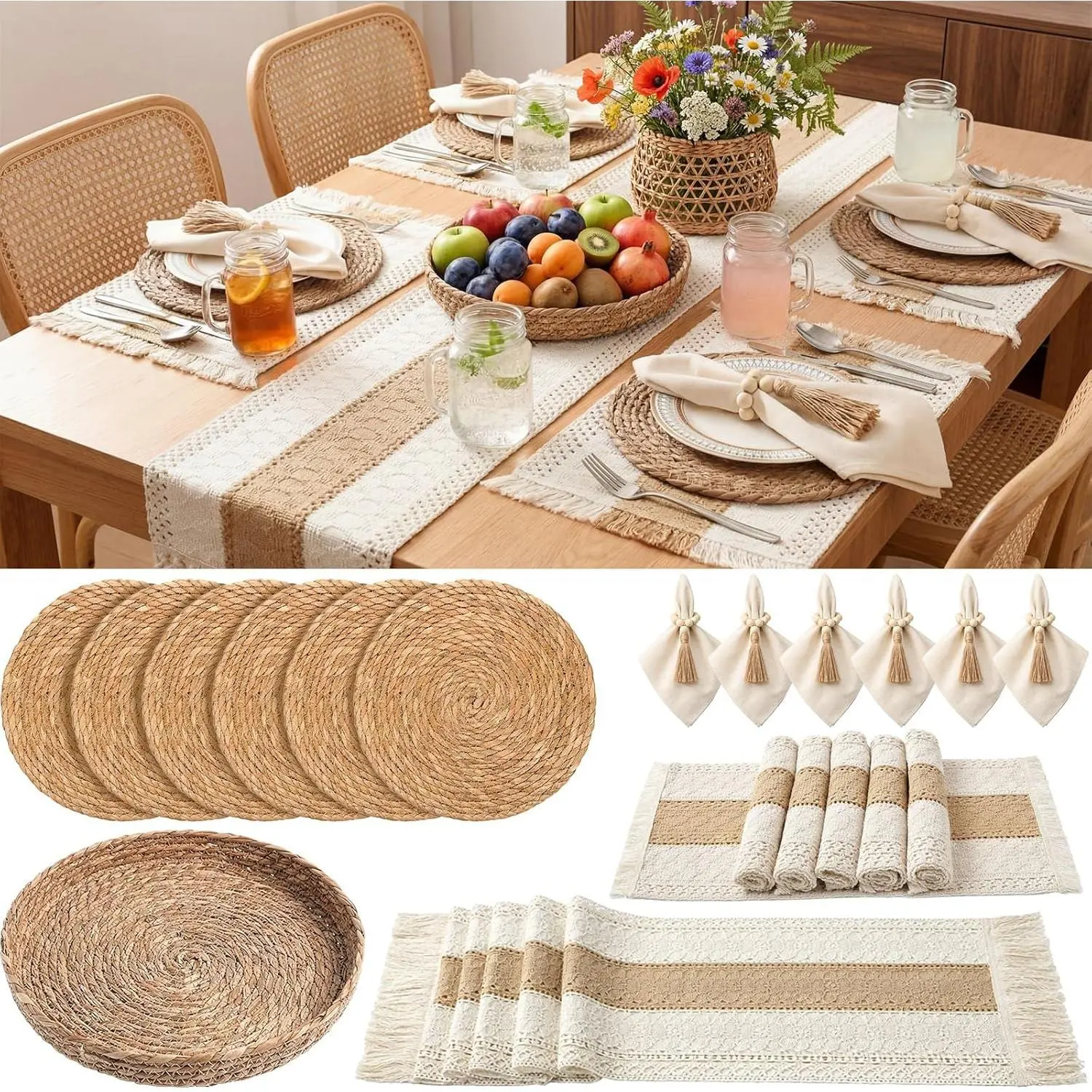 6 Sets Boho Kitchen Decor,Table Setting Decor with Round Woven,Rectangular Boho,Wooden Bead Napkin Rings,Cloth Napkins,Table Runner & Storage Basket,Natural Burlap Cotton for Kitchen Dining Table Home