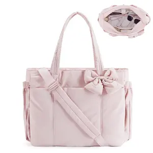 Crush Bow Tote Bag for Women 15.6" Laptop Friendly Lightweight Puffy Handbag with Removable Bow & Multiple Compartments for Travel Work Beach Gym 23L Capacity TikTokShopBlackFriday Elegant Commuter Bag Pastel Tote Bag