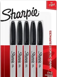 Sharpie Permanent Marker, Fine Point, Black 5 Count