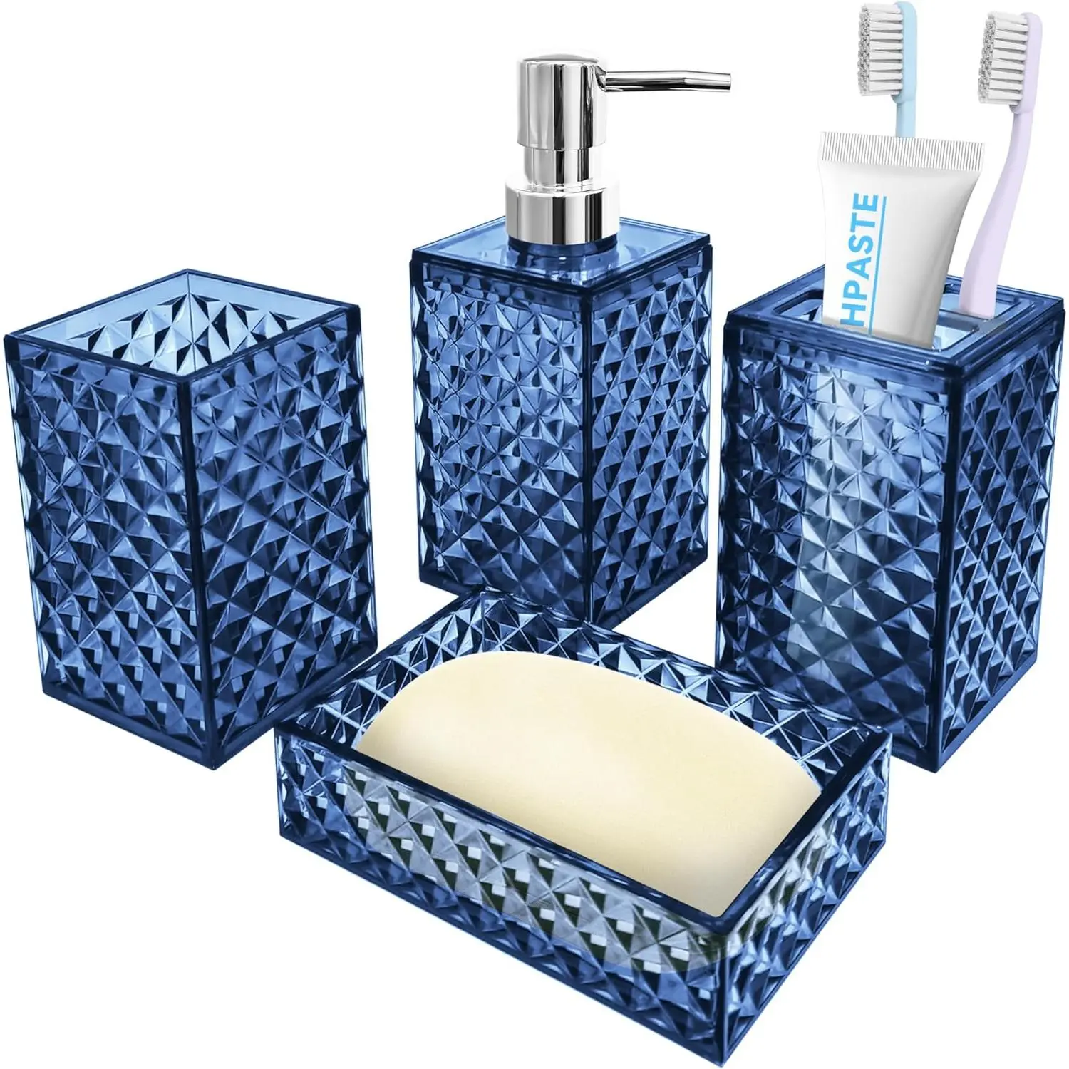 Bathroom Accessory Set, 4 PCS Blue Bathroom Accessories Sets, Soap Dispenser and Toothbrush Holder Set, Soap Dish and Mouthwash Cup, Boho Bathroom Decor, Plastic Bathroom Sets Accessories