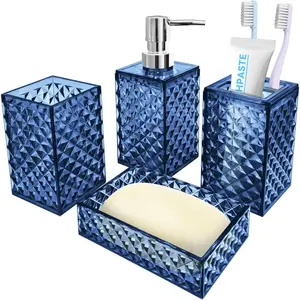 Bathroom Accessory Set, 4 PCS Blue Bathroom Accessories Sets, Soap Dispenser and Toothbrush Holder Set, Soap Dish and Mouthwash Cup, Boho Bathroom Decor, Plastic Bathroom Sets Accessories