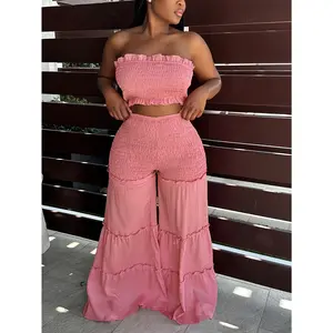 Sexy Bubble Crepe Fabric Ruffled Edge Spliced Strapless High-Waisted Wide-Leg Pants Two-Piece Set