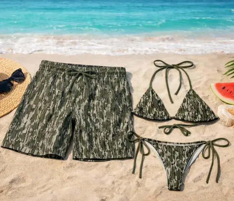 Mossy Oak Camo Print Couples Bikini Set Matching Board Shorts Country Girl Hunting Outdoor Swimwear Summer Beach Vacation Sunbathing Redneck Festival Casual Comfortable