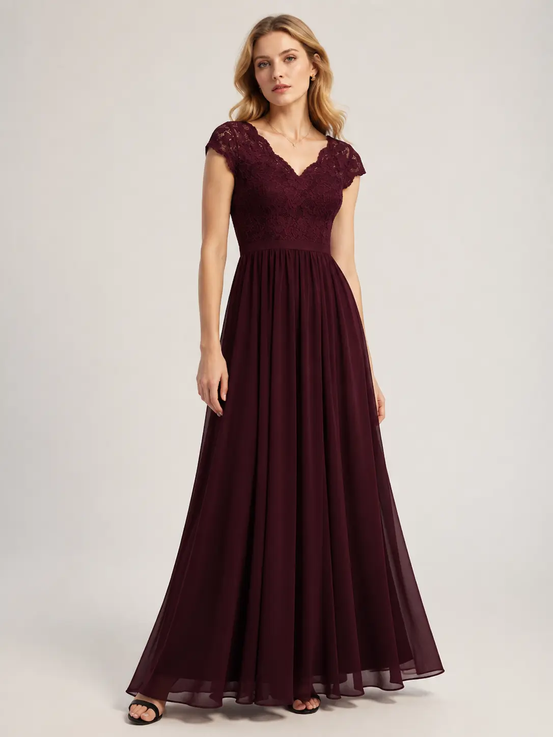 2025 Elegant V Neck 3/4 Sleeve Lace Chiffon Formal Maxi Dress, A Line Waisted Evening Party Wedding Guest Gown, White Pink Burgundy Navy Black Champagne Long Prom Dress