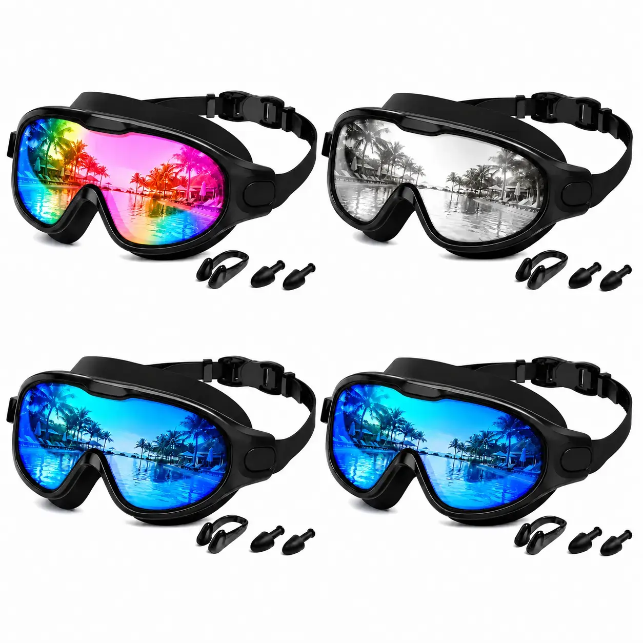 4-Pack Adult Swim Goggles, Anti-Fog UV Protection Wide-View Swimming Goggles with Soft Silicone Leakproof Seal & Adjustable Strap for Men Women, Pool, Beach & Outdoor
