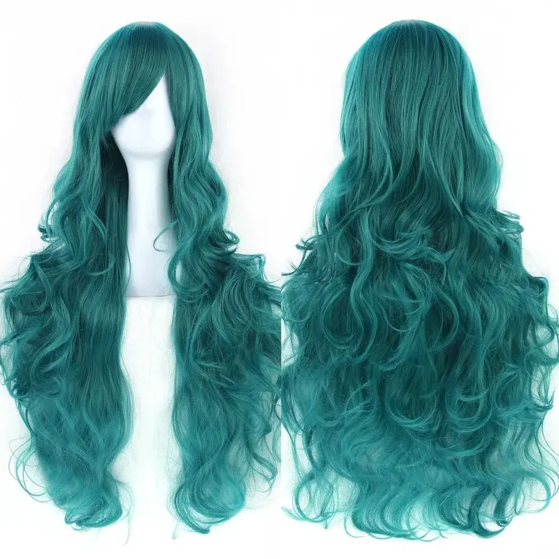New  Curly Long Synthetic Hair Green Wig Hairpiece Pink Black Party Hair Cosplay Wigs for Women