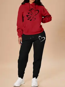 Valentine's Day Casual Butterfly Heart Print Hoodie Set, Long Sleeve Sweatshirt with Pockets, Fall & Winter for Women