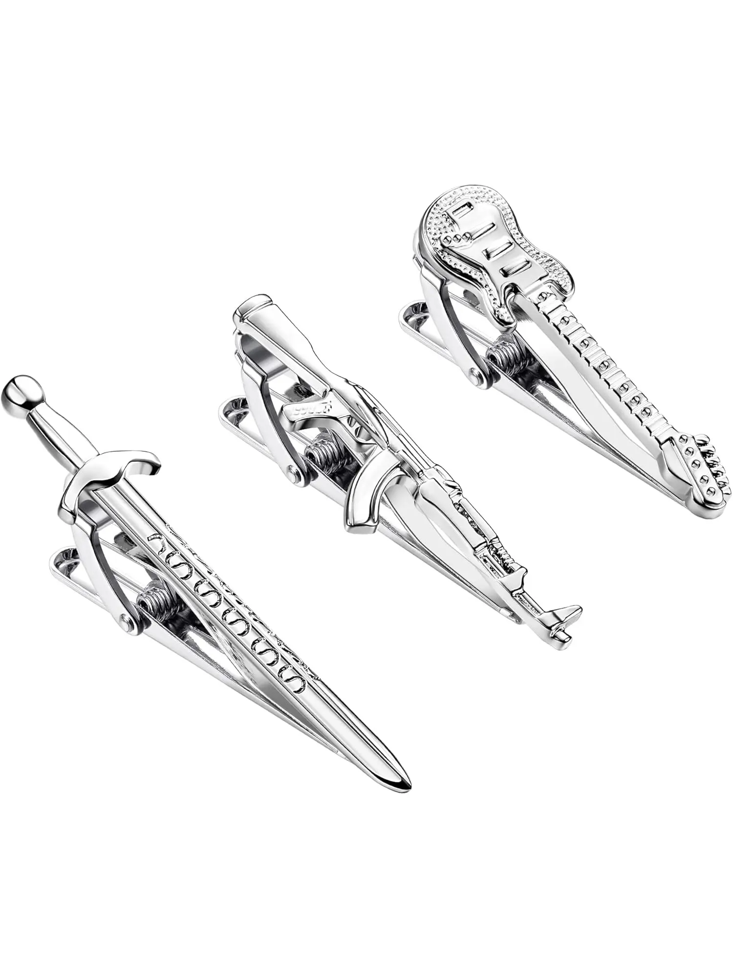 Trendy Cool 3 Pcs Silvery Exquisite Tie Clips Unique Personalized Copper Tie Clips for Men Women Guys Cross Shark Fish Hook Sword Gun Guitar Octopus Limb Tree Compass Tie Bar Set