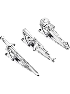 Trendy 3 Pcs Silvery Exquisite Tie Clips Unique Personalized Copper Tie Clips for Men Women Cross Shark Fish Hook Sword Gun Guitar Octopus Limb Tree Compass Tie Bar Set