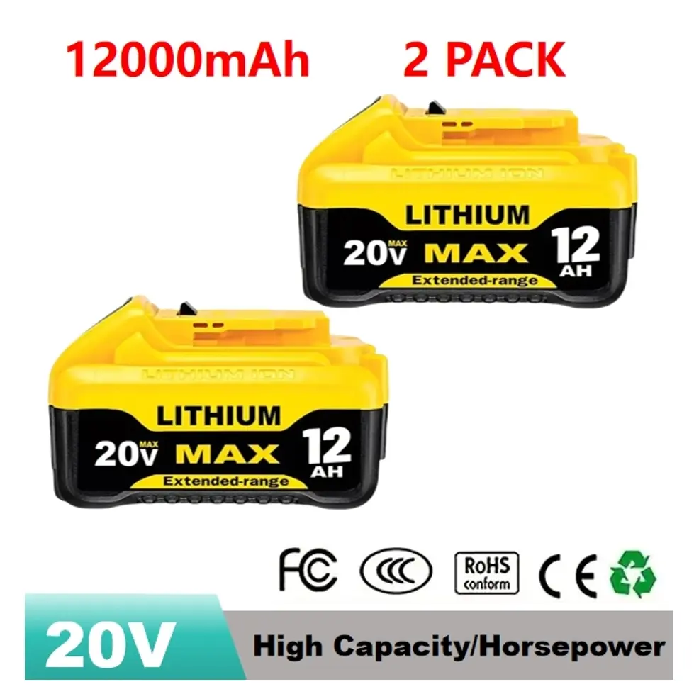 Dewalt 20V Max Durable Lithium Battery - 12000mAh High Capacity Metal Plastic Replacement (DCB206) for 20V Cordless Power Tools, 2/4 Pack Ready Batteries, Lithium Ion