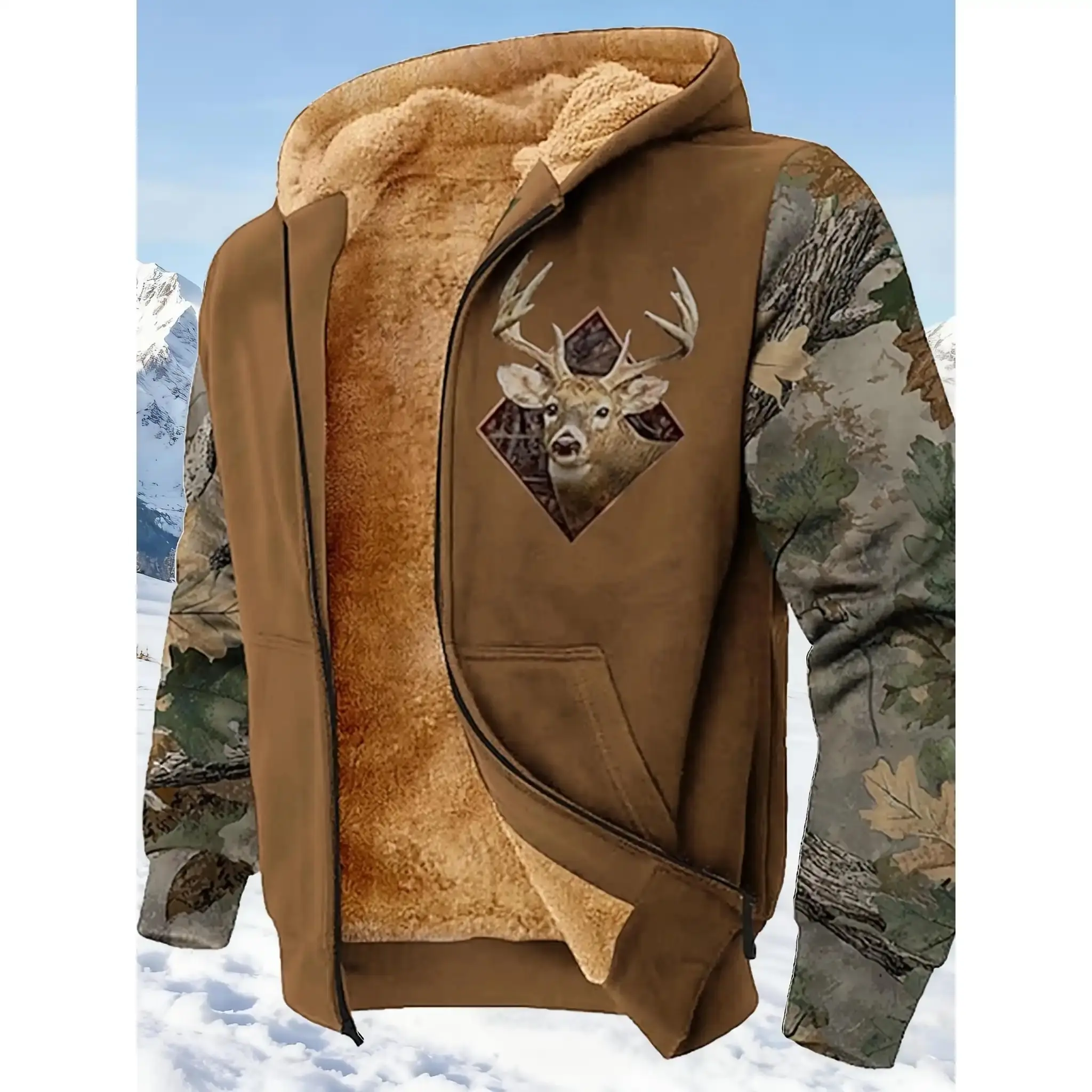 Retro Deer Head Logo Zipper Hooded Jackets - Oversized, Autumn/Winter Men's Hoodies, Zipper Opening, Pocket, Ethnic Classic Printed Truck Driver's Wear, Harajuku Zipper Jacket, Warm Long Sleeve Coat, Soft Fabric, Size L-8XL, PLUS SIZE, Hunting