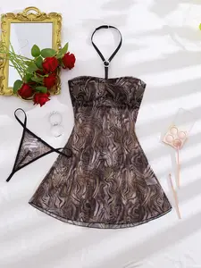 2 Piece Women's Wave Print Mesh Halter Sleepwear Set, Ultra-Thin Ice Silk, Elegant and Cozy, Perfect for Home, Dates, Light Vacations