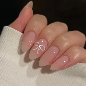 24 Pcs Almond Shape Bowknot Wearable False Nails, Removable Half-Handmade Nails, Includes Nail File and Jelly Glue, Fake Nails Kit