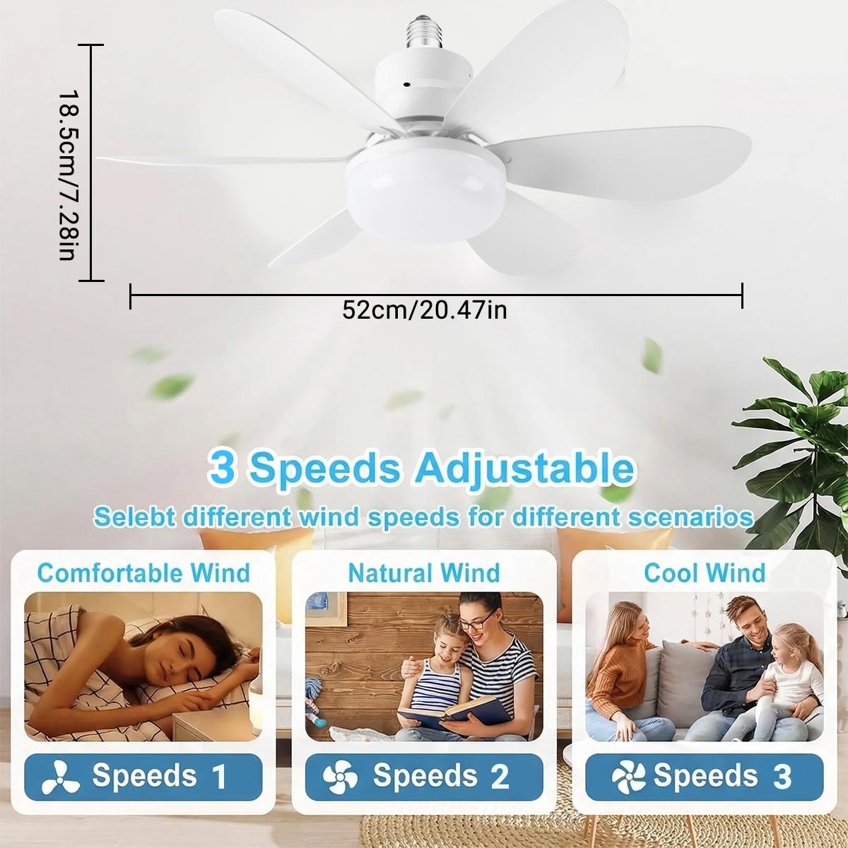 Portable Socket Fan Light with Remote & Intelligent Mobile Phone Control, E27 Ceiling Fan with 3 Lighting Modes for Bedroom, Kitchen, Living Room & Baby Room