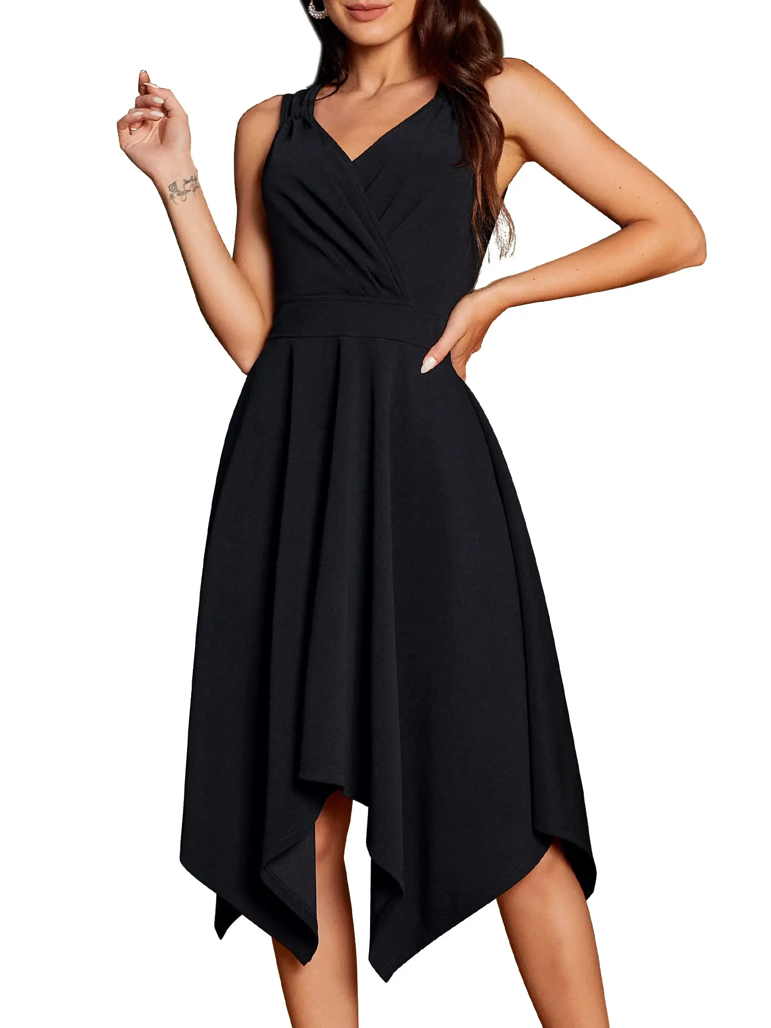 ZAFUL Women's V Neck Sleeveless Dresses Vintage Hem Asymmetrical Midi Swing Dress Cocktail Party Sundress selfieleslie dresses dress white  alibi asymmetrical neck elegant black  dress ginger twin maxi dress