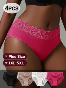 4PCS Plus Size Women’s Lace Trim Brief Panty Set, Soft Stretchable Breathable Underwear, Comfortable Full Coverage Lingerie for Daily Wear, Work, Travel, Sleep & Lounge, 1XL–5XL