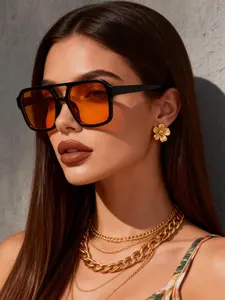 Unisex Fashion Dual-Bridge Simple Trendy Flight Frame Y2K Bohemian Elegant Square Sunglasses, Uv400 Protection, PC Material, All Seasons