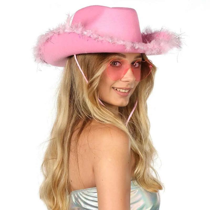 Cowgirl Hat with Glasses - Hot Pink Cowboy Hat with Feathers