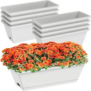 8pcs Rectangle Window Boxes Planters, 17 Inches Long Window Sill Planter Box Outdoor, Plastic Rectangular Window Flower Herb Pots Indoor with Drainage Holes and Trays for Garden Windowsill Light Grey