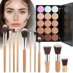 15-color Concealer Palette with 11pcs Makeup Brush Set, Long Lasting Concealer for Contouring, Highlighting & Color Correction, Daily Makeup Kit for All Skins, Color Corrector Makeup