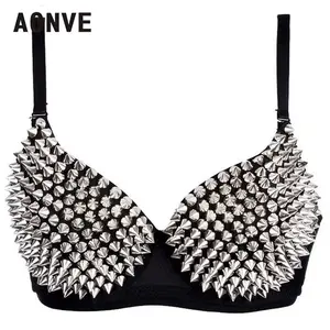 Women's Sexy Silver Spiked Studded Bra Top – Punk Goth Push Up Bralette for Raves, Festivals, Concerts & Clubwear Night Out Rhea Ripley wechery