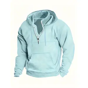 Men's Fashion Navy Blue Hooded Sweatshirt - 100% Polyester, Long Sleeve, with Pocket Zipper Hoodie, Machine Washable - Suitable for Sports and Casual Wear