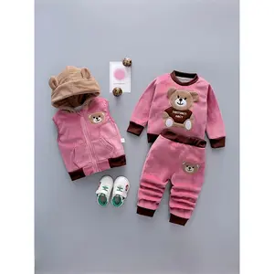 [Winter Bear Set] 3pcs Girls' Winter Bear  Set - Hooded Vest & Pants with Bear Face Hoodie, Thickened Pink & Brown Outfit, Cozy Full Ensemble for Playtime, Christmas & Casual Attire (Easy-Care Baby Clothes), Perfect for Outdoor