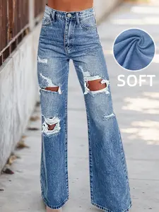 Women's Vintage Aesthetic Loose Fit Ripped Soft Denim Womenswear Jeans, High Waist Wide Leg Jeans, Casual Long Straight-Leg Trousers, American Style Pants