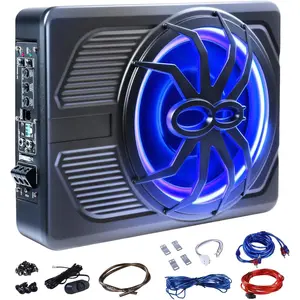 1000W Car Subwoofer, 10'' Slim Under Seat Powered Car Subwoofer w/Built-in Amplifier & Hi/Lo Input, Bass Speaker Subwoofer with Blue LED Light, Individual Control, for Car/Truck/SUV/Jeep/MPV