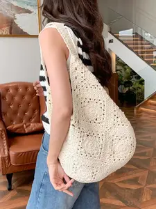 Handmade Knitted Bag, Casual Large Capacity Shoulder Crossbody Bag, Beach Vacation Sandbag, Crochet Handbag, Artisanal Style