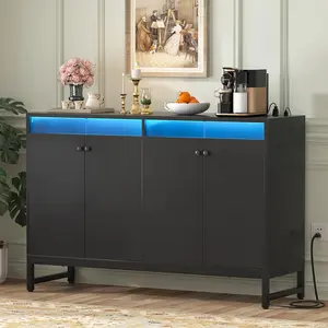 Aheaplus Sideboard Buffet Cabinet with Power Outlet, Kitchen Storage Cabinet with LED Light & Doors, Accent Cabinets Cupboard Buffet Table with Storage for Dining Room, Living Room, Hallway, Black
