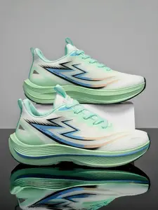 Women's Black-White Color-Block Mesh Sports Shoes, Breathable Flyknit, Full-Length Cushioning, Trendy Lines, Versatile Running Shoes