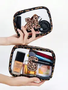 Transparent PVC Leopard Print Portable Storage Bag, Large Capacity Cosmetic Organizer, Waterproof with Zipper, Makeup Bag, Letter A-Z Embroidery