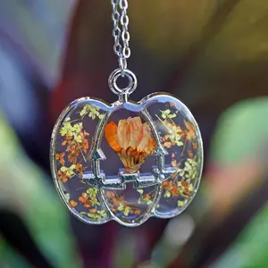 Silver Jack-O-Lantern Necklace,  Real Pressed Flowers, Pumpkin Pendant, Stainless Steel, Halloween Necklace, Autumn Theme, Fall Necklace