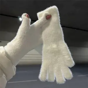 Women Long Cashmere Touch Screen Gloves Winter Warm Gloves Elastic Soft Full Fingers Mittens Plush Faux Fur Knitted Gloves