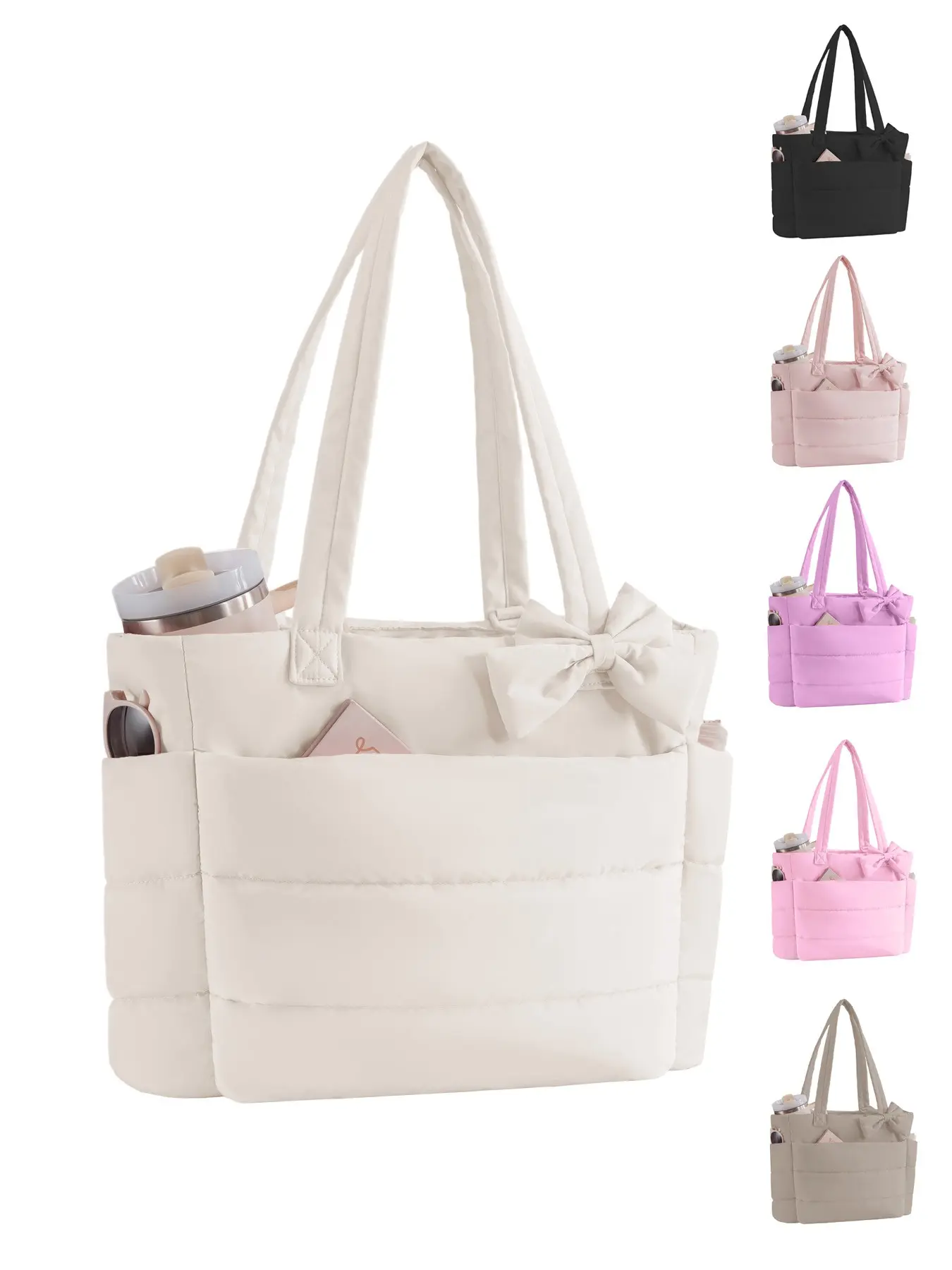 Puffer Tote Bag for Women, Casual Puffy Tote Bag, Quilted Bow Tote Bag with Cup Holder & 15.6 In Laptop Compartment for Work, Travel, Gym