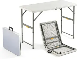4FT Folding Table with One Press Adjustable Height,Fold in Half Portable Card Table with Carry Handle&Locking Steel Legs,Heavy Duty Plastic Utility Table for Party,Picnic,Camping Indoor Outdoor,White