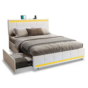 Sikaic PU Leather Upholstered Bed Frame with 4 Storage Drawers White