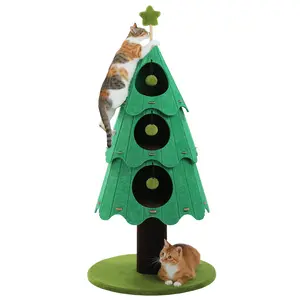 SEKKO CLAW 53 Inch Christmas Cat Tree for Indoor Cats, Cat Tower with 3 Condos & 4 Pompoms, Multi-Cat Furniture with Holiday Felt Stickers, Activity Center & Beds, Green
