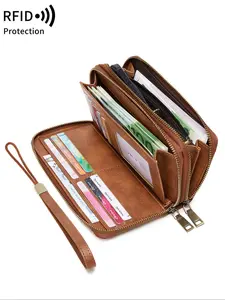 Vintage Double-Zipper Large Capacity Wallet, Rfid Wristlet Purse, Women'S Wrist Coin Purse with Multiple Card Slots and Phone Holder, Solid Color RFID Blocking Credit Card Holder, Multifunctional Women'S Tote for Parties, Daily Use Purse