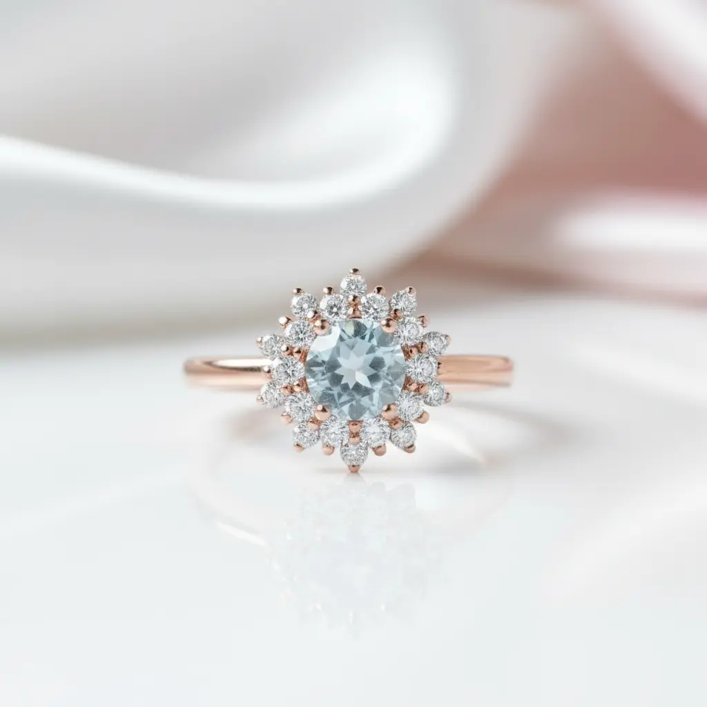 14k Gold 1.2 Ct Moonstone Round Cut Halo Engagement Ring