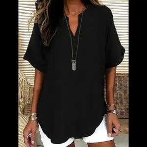 Women's Plain   Short Sleeve Blouse, Casual Solid Color Top for Daily Wear, Ladies Clothes for All Seasons