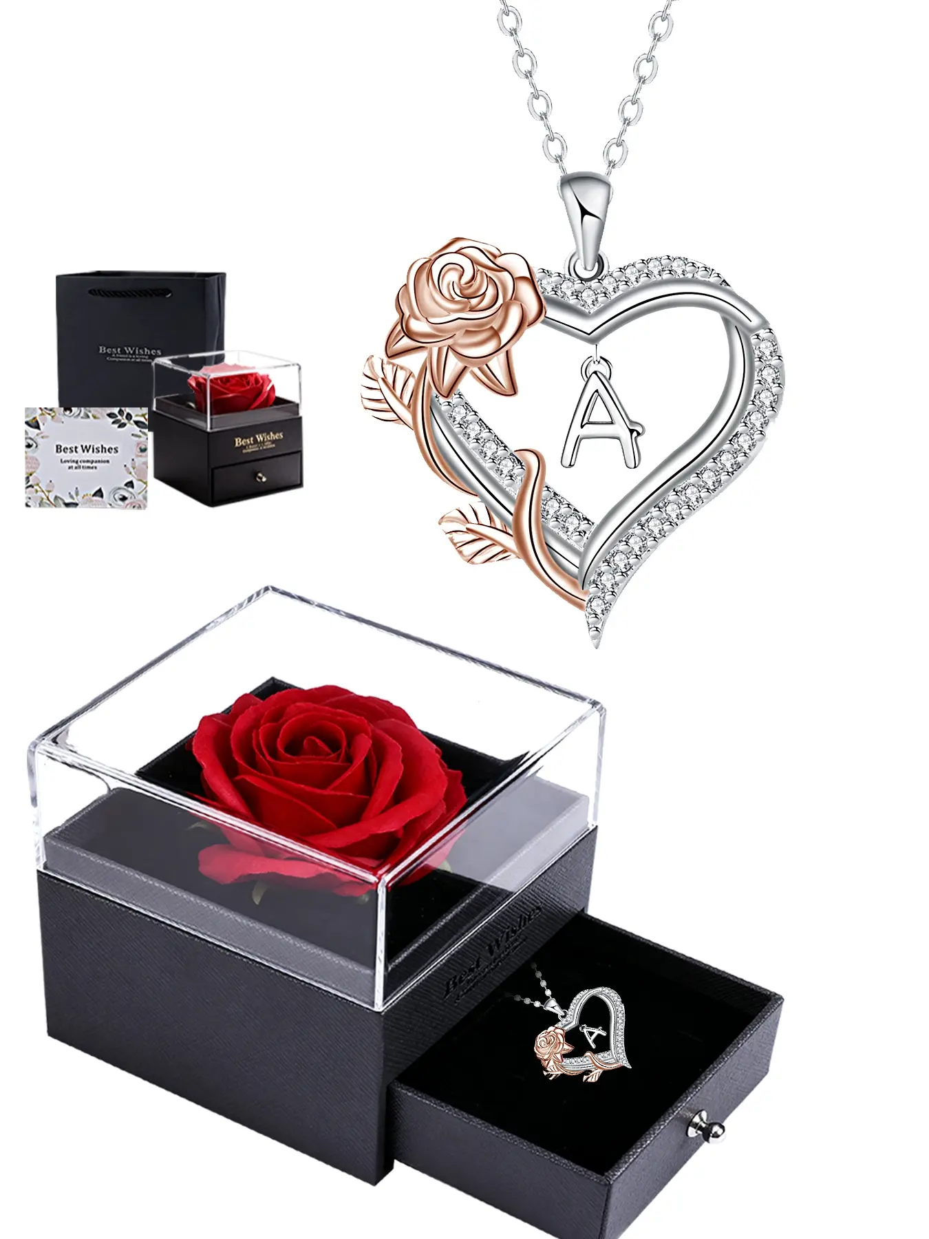 Mother's Day Gift Women's Elegant Heart Initial Pendant Necklace, Rose Letter Chain, Gift Box Included, Love Heart Necklace, Exquisite Jewelry Gift, Perfect Birthday & Holiday Present