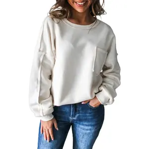 Women’s White Plain Exposed Seam Patchwork Chest Pocket Round Neck Sweatshirt