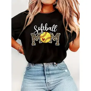Womens Softball Mom Graphic Tee Cotton Short Sleeve Crewneck Shirt Leopard Print Letter Softball Heart Design Casual Game Day Team Spirit Top