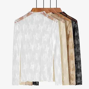 3PCS  Women's Lace Layering Top Long Sleeve Sheer Mesh Mock Neck Undershirt Lace Floral Tops See Through Shirt Blous,Multiple Chic Hues, Sheer Design, and Timeless Lace DetailingGift