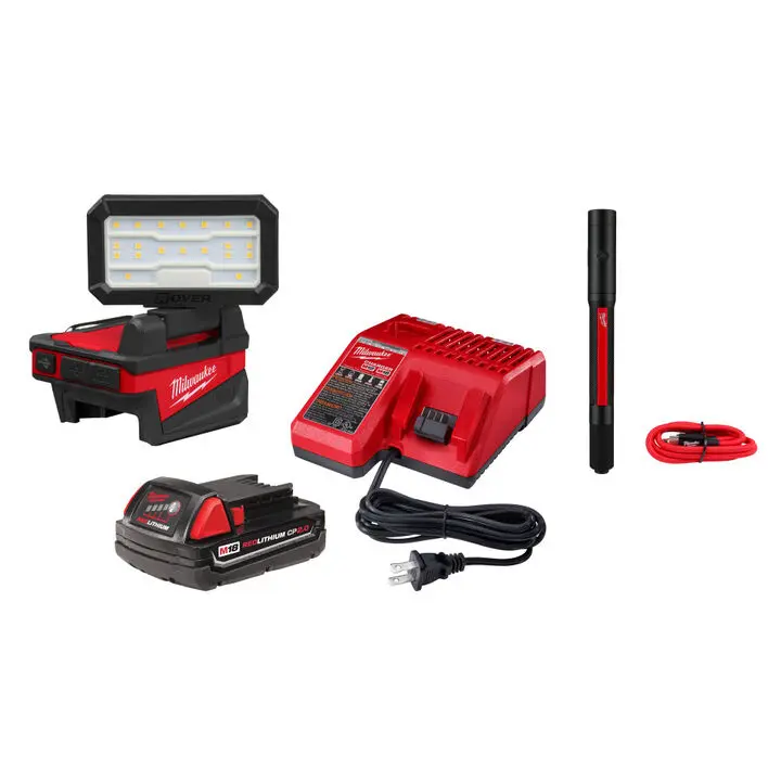 Milwaukee 2359-21PEN M18 ROVER Compact Folding Flood Light & 250L Penlight Combo Kit with Fast Charging, USB Ports, Metal Hook, High Def Illumination