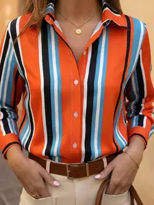 Fashion women's color-blocking vertical stripe lapel shirt blouse, long-sleeved, professional commuting temperament top for women