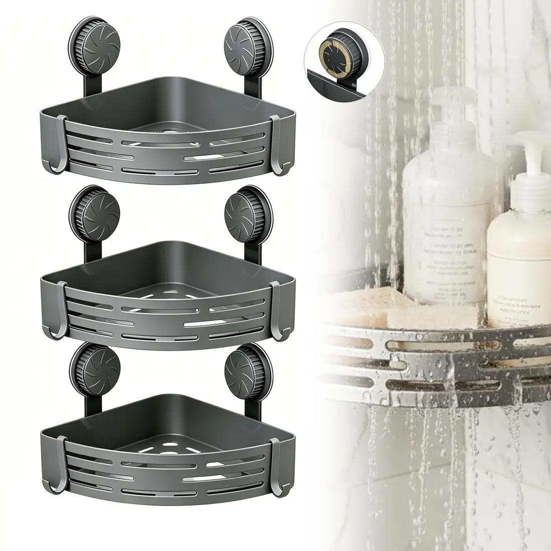 Grey Plastic Corner Shower Caddy - Bathroom Organization Tool, Multi-Piece Corrosion-Resistant Modern Organiser with Twist-Lock Suction Cups, Pre-Applied Adhesive Layer, No-Drill Wall Installation, Sturdy Water-Resistant Storage