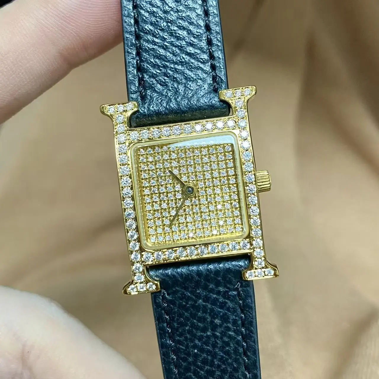 Hermes Vintage Quartz Gold Plated 21mm Custom Full Diamond Dial & Diamond Watch 22385937